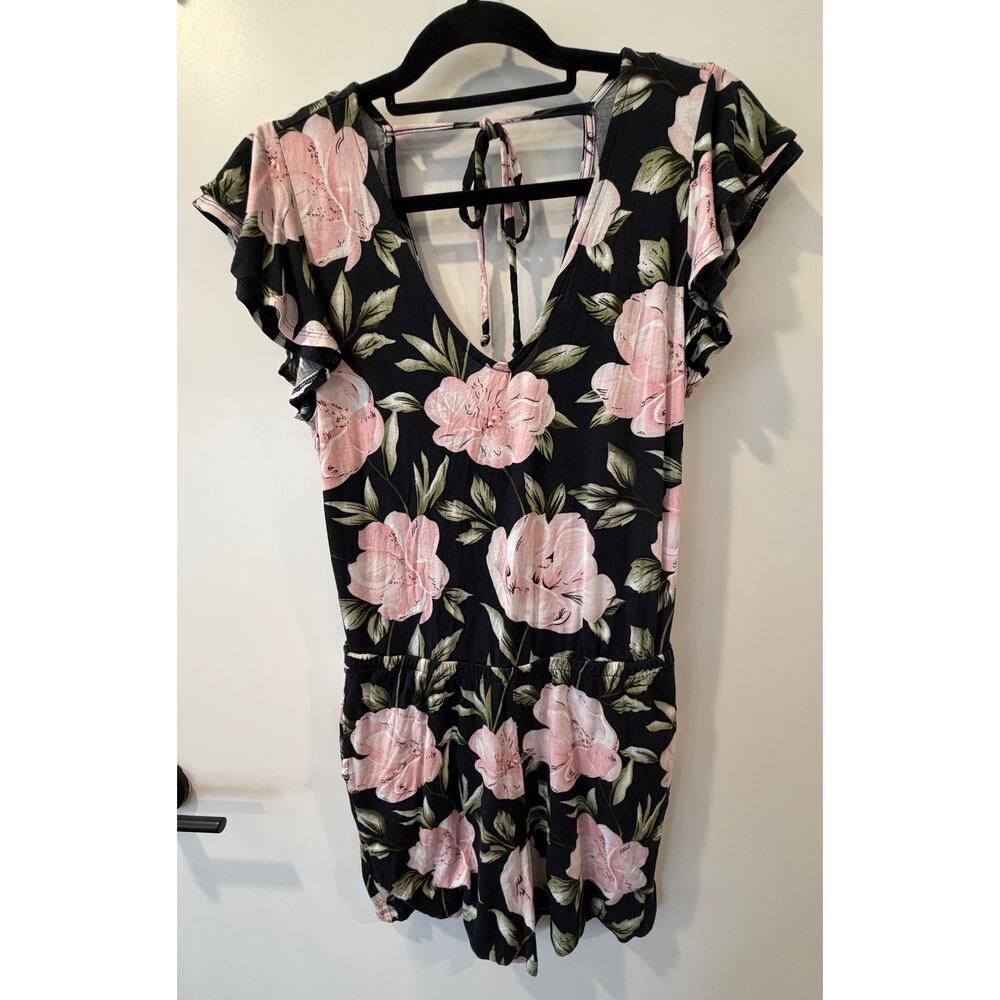 Lascana Black Floral Romper Womens US 4 Flutter Sleeve Shorts One Piece